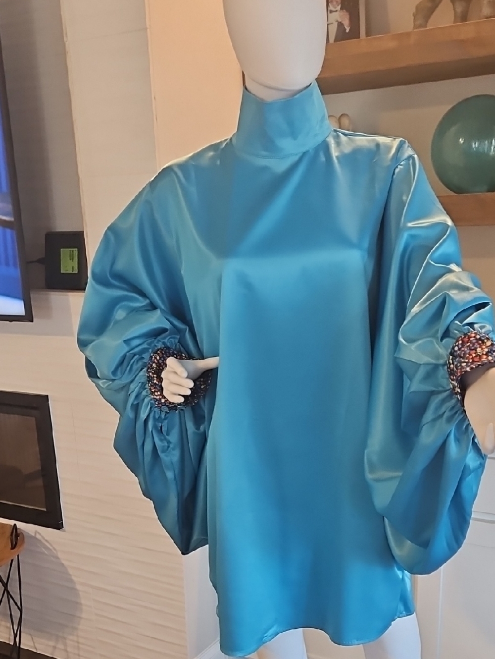 Satin High-Neck Tunic Top in Bright Teal with Statement Cuffs